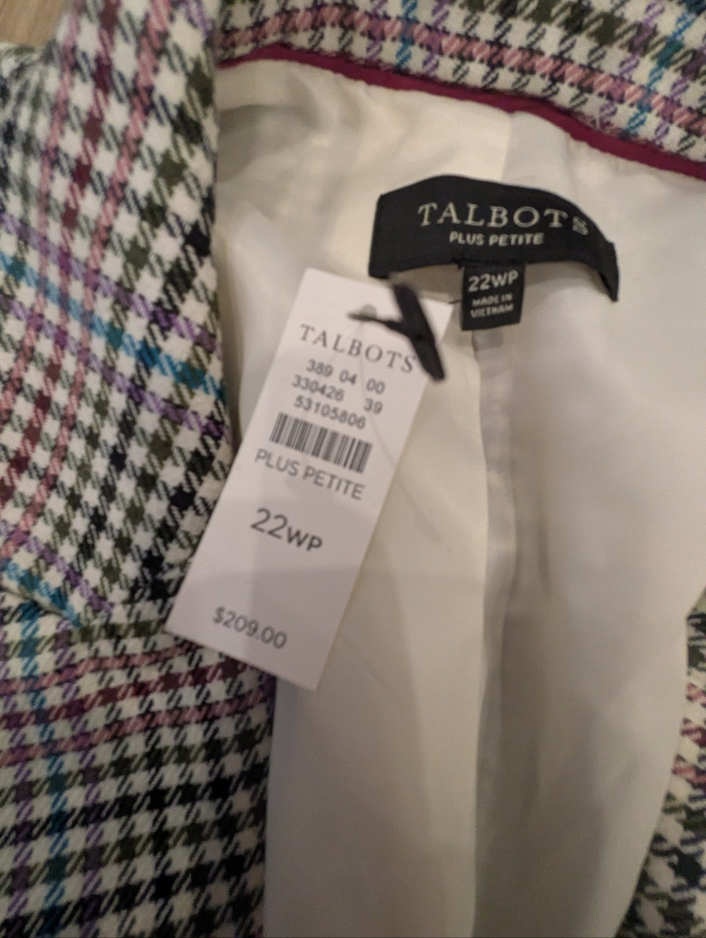 Talbots NWT Blazer Plus Size Plaid With Blue. Brown, Pink Size 22wp - Picture 6 of 8